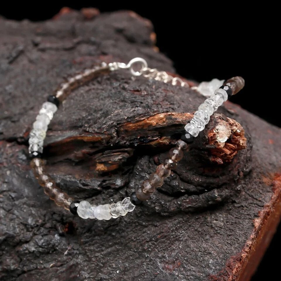 Bracciale gioielli sfaccettati con perline fumè + topazio bianco + spinello 7" - Immagine 1 di 4