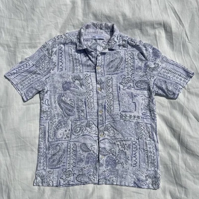 Camisa de lino ZARA azul cachemir para hombre, talla mediana Foto 1 de 4