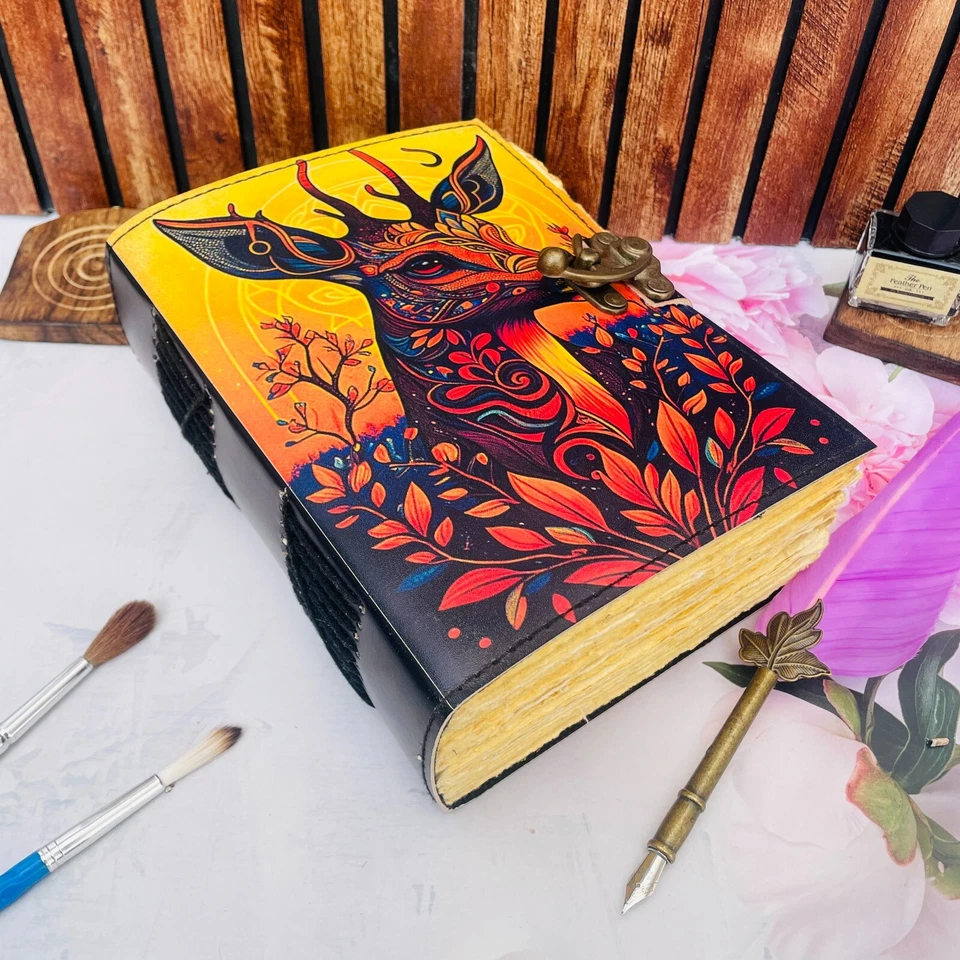 Grimoire extra large leather journal handmade sketchbook 400 pages Deer Printed - Image 1 of 4