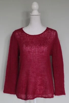 EILEEN FISHER Kid Mohair 品红覆盆子粉色开放式针织毛衣,尺寸 L 大号 — 第 1/4 张图片