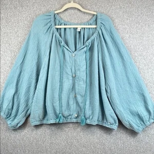 Cato Top 26/28 Blue Popover Casual Boho Balloon Sleeve tassels boxy loose fit 4X - Picture 1 of 9