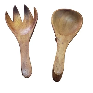 Vintage Large Hand Carved Wooden Serving Spoon Fork Wall Hanger Set - Picture 1 of 4