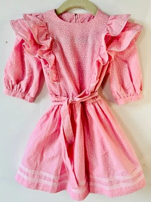 VESTIDO DE ALGODÓN CON VOLANTES PRADERA ESTAMPADO CORAZÓN ROSA BONITO HECHO A MANO DE COLECCIÓN*6 Foto 1 de 4