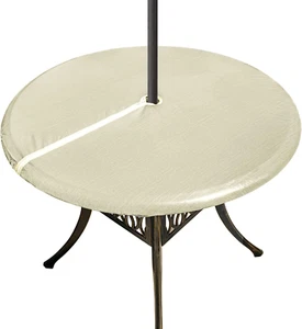 Round Vinyl Tablecloth with Umbrella Hole and Zipper, Patio Table Cloth 100% Wat - Picture 1 of 12