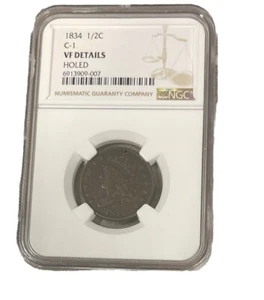 1834 Classic Head half cent, NGC VF Details Holed - Picture 1 of 2