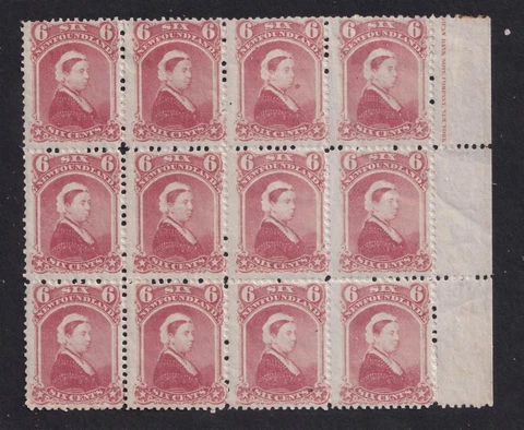 NEWFOUNDLAND # 35 FVF-MNH 2 MLH 6cts DULL ROSE BLOCK OF 12 CAT VALUE $640 Cover
