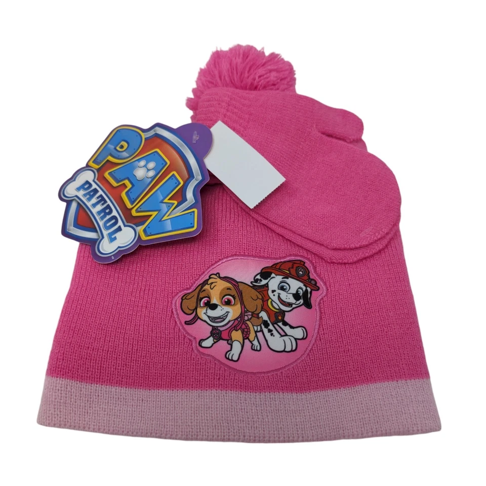Paw Patrol Toddler Knit Pom Pom Beanie Hat & Mittens Set Pink One Size W/Tags - Image 1 of 4