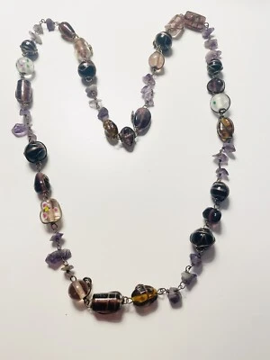 Чешский - редкая - винтажный - 28 "-аметист камень - стекло - медь комплект бисер - Изображение 1 из 4