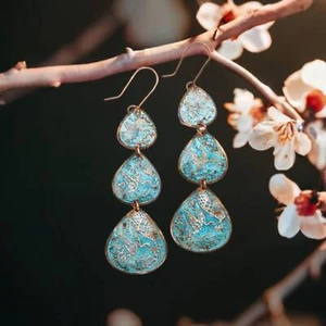 Solid Copper Patina Hummingbird Earrings, Graduated Verdigris Drop Earrings - Picture 1 of 5
