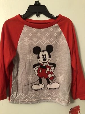 NUEVO CON ETIQUETAS DISNEY Mickey Mouse Niños Rojo y Gris Manga Larga Vacaciones PJ TOP SOLO Talla 4 Foto 1 de 3
