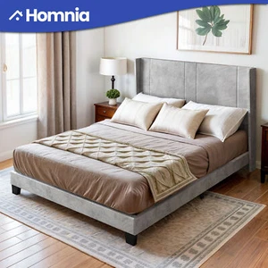 Queen Metal Bed Frame Wood Slats Tall Upholstered Headboard Simple Easy Setup - Picture 1 of 11