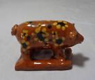 Vintage Hand Crafted Glazed Redware Pottery Pig Figurine Painted Flowers Signed