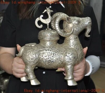 Antigua dinastía China tibetana plata animal oveja recipiente de vino vajilla olla Zun Foto 1 de 4
