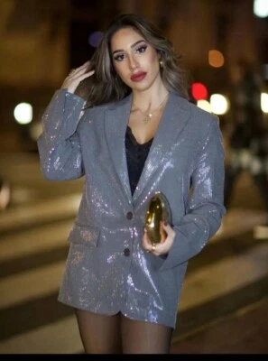ZARA BNWT 2023. SILVER GREY SEQUINNED BLAZER STRAIGHT FIT. 1255/736 Size L - Image 1 of 4