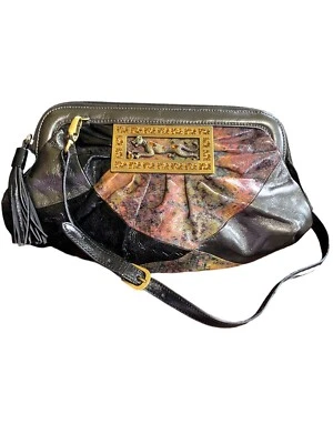 Original by Sharif 1827 Cuero Bolso de Mano Cartera Dorado Leopardo Estrás Negro Foto 1 de 4