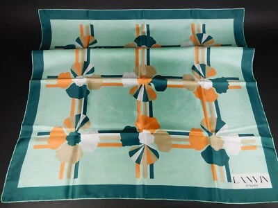 Bufanda de seda vintage Lanvin Paris estilizada floral sobre aguamarina con borde verde azulado 30" cuadrada Foto 1 de 4