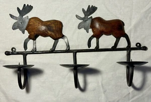 Rustic Moose Decorative Wall Sconce Candle Holder Lodge Cabin Decor Metal & Wood - Picture 1 of 6