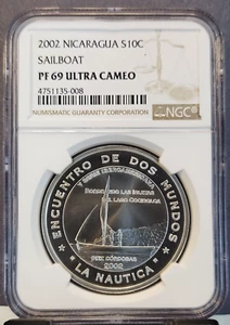 2002 NICARAGUA SILVER 10 CORDOBAS SAILBOAT NGC PF 69 ULTRA CAMEO TOP POP - Picture 1 of 3