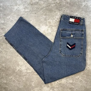 Vintage Tommy Hilfiger Jeans 31x29 Carpenter Utility Denim Pants Y2K Flag Logo - Picture 1 of 10