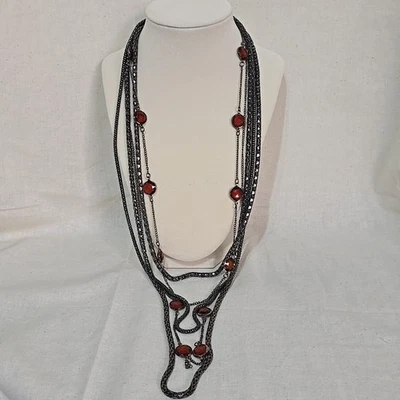 Gunmetal & Multi-Chain Necklace with Red/Orange Beads Punk Rock Gothic Princess - Image 1 of 4