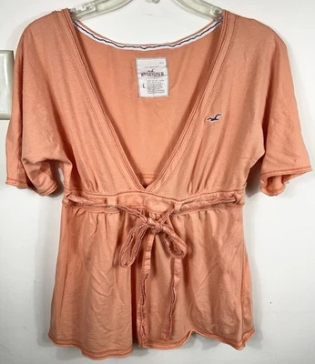 复古 Hollister Y2K 婴儿娃娃上衣 L 橙色仙女 Milkmaid 领带蝴蝶结露脖 — 第 1/4 张图片