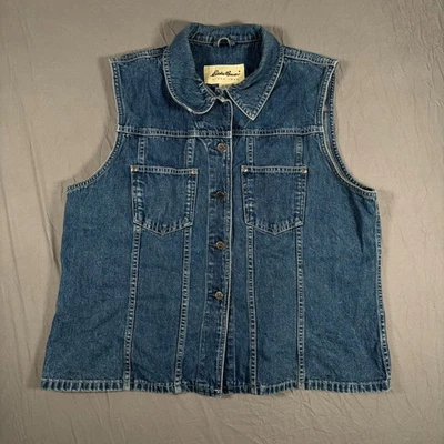 Chaleco Denim Eddie Bauer Mujer XL Azul Bandera EE. UU. Bordado Cuello Botón Delantero Foto 1 de 4
