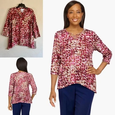 $59 ALFRED DUNNER Otoño Berry Estampado Geométrico Top S M? Cuello en V manga 3/4 suave nuevo con etiquetas Foto 1 de 4