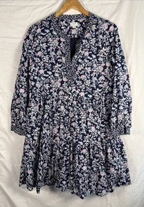 J Crew Lined Midi Dress Women's M Navy Floral Tiered Boho Cottage Core 1/4Button - Picture 1 of 12