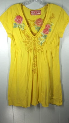 JWLA Dress Teen L Yellow Embroidered Floral Bird Love on Back Boho Hippie Beach - Image 1 of 4
