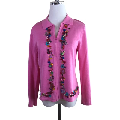 Hampshire Studio Novelty Christmas Cardigan Sweater Womens SP Pink Embellished - Image 1 of 4