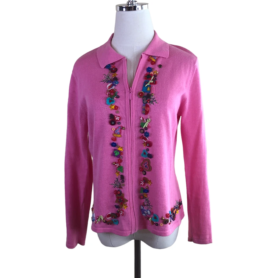 Hampshire Studio Novelty Christmas Cardigan Sweater Womens SP Pink Embellished - Image 1 of 4