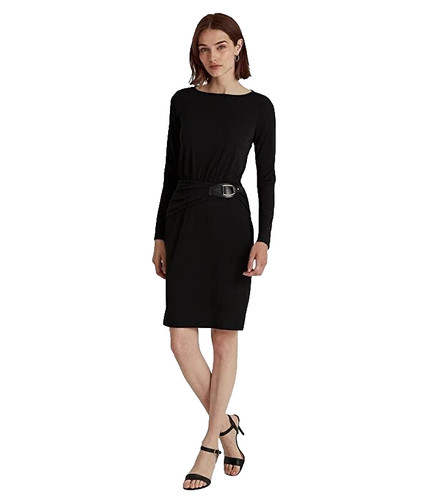 NUOVO ABITO CARRIERA IN JERSEY LAUREN RALPH LAUREN NERO A PIEGHE TAGLIA 12 $145