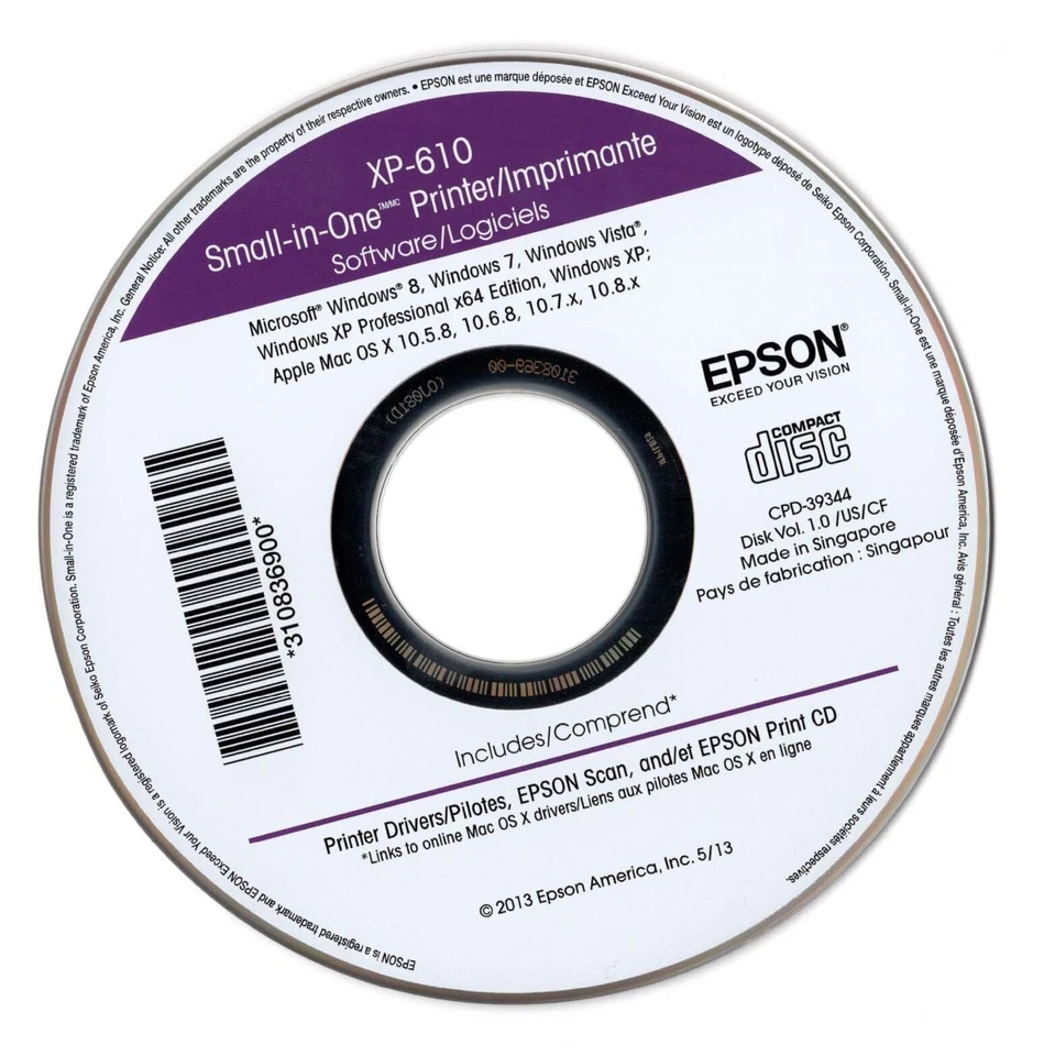 Epson Expression Premium XP-610 Printer Software Driver Setup Install Print CD - Image 1 of 1