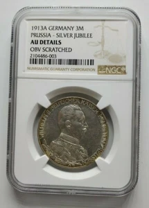 1913A Germany Silver 3 Mark - Prussia - Silver Jubilee AU Details OBV Scratched - Picture 1 of 2