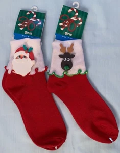 2 Pairs NEW Girls' Christmas Socks with Attached 3-D Googly Eyes Reindeer Santa - Picture 1 of 6