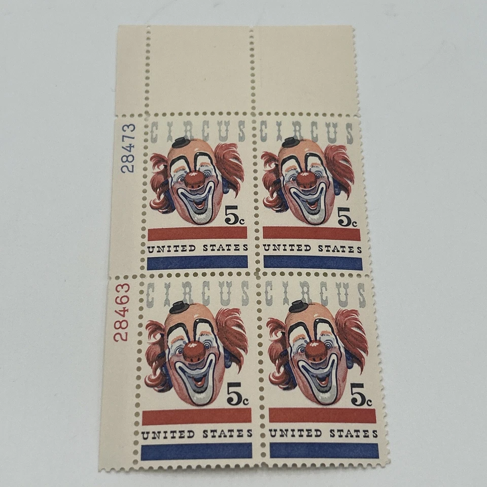 MNH US Postage 5¢ Clown Face ‘Circus’ 4 Stamp Plate Block - Image 1 of 4