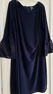 Vestido Lauren Ralph Lauren Talla Grande 18W Azul Profundo Jersey Elastizado Encaje Ribete Puño Foto 1 de 4