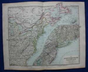 Mapa antiguo original ESTE DE ESTADOS UNIDOS, ESTADOS ATLÁNTICOS, MAINE, VIRGINIA, Stieler, 1891 - Imagen 1 de 7