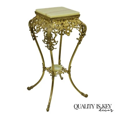 Старинный викторианский декоративный позолоченный латунный прикроватный столик-подставка из оникса - Изображение 1 из 4