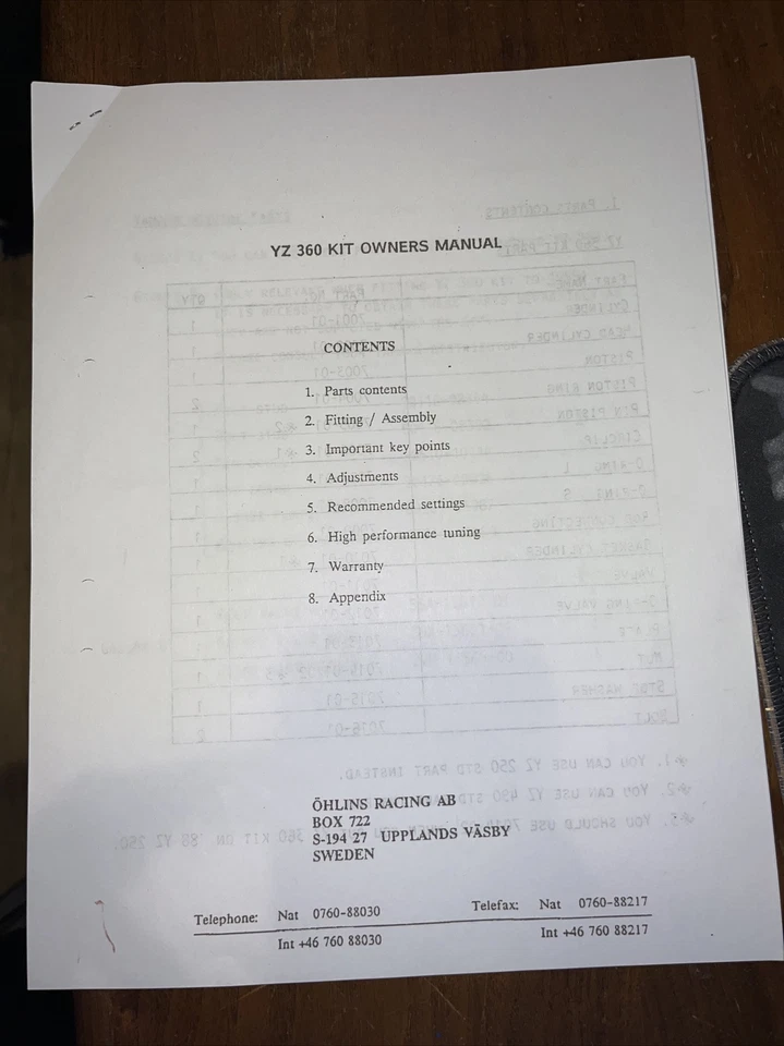 Yamaha YZ250 YZ360 1988-1998 OHLINS BIG BORE PROPIETARIO MANUAL DE REPARACIÓN DE SERVICIO Foto 1 de 1