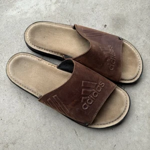 Vintage Adidas Leather Soft Bed Sandals Slides Mens Size 12 Summer Beach Comfy - Picture 1 of 11