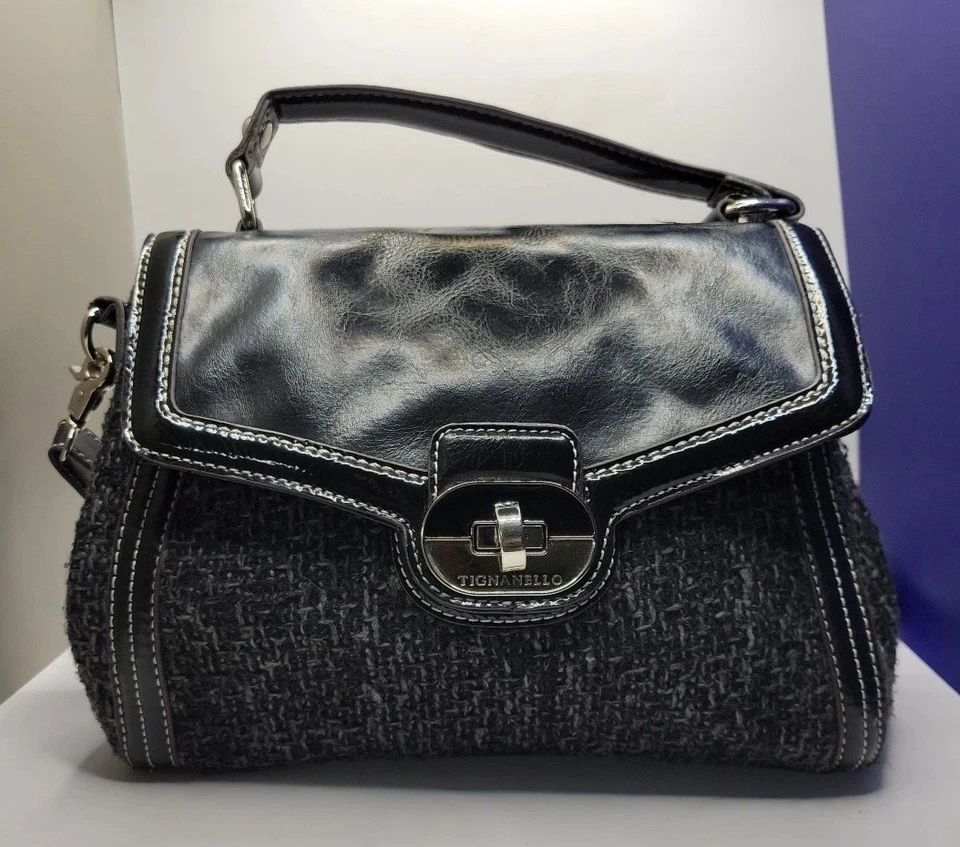 TIGNANELLO Tweed Bandolera Bolso de Mano Tela Tejido Negro Cartera Hombro De Colección Foto 1 de 4
