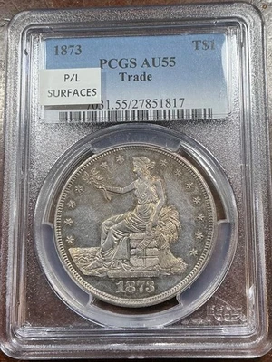 PCGS AU55 1873 DÓLAR COMERCIAL FECHA MUY ESCASA PL SUPERFICIES Foto 1 de 3