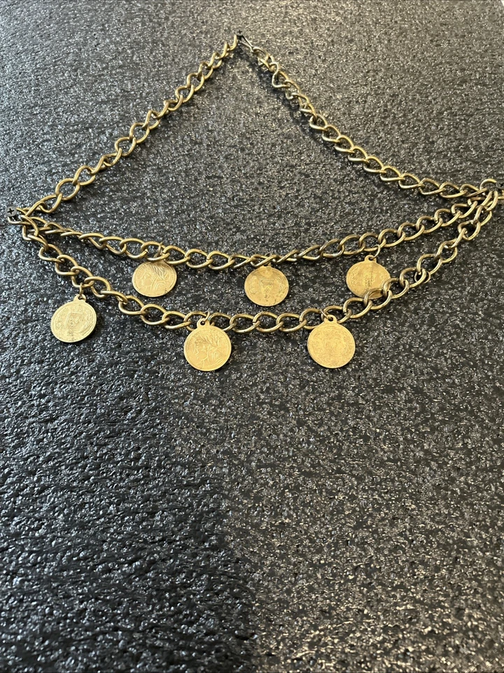 LUCKY 6 Coins Body Chain Belt Brass Coins  GoldTone BOHO Belly Dancing 33”waist - Image 1 of 4