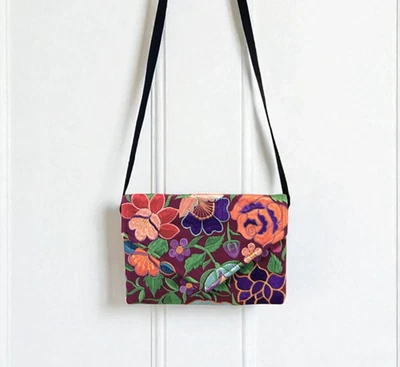 Handmade Twill/Silk Boho Floral Crossbody Bag Multicolor Embroidered Flap Purse - Image 1 of 4