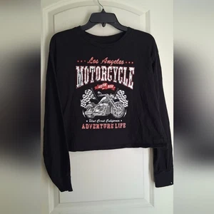 Motorcycle Black Print Women's Croptop Top Sz S Oversized Goth Rave Grunge - Picture 1 of 8