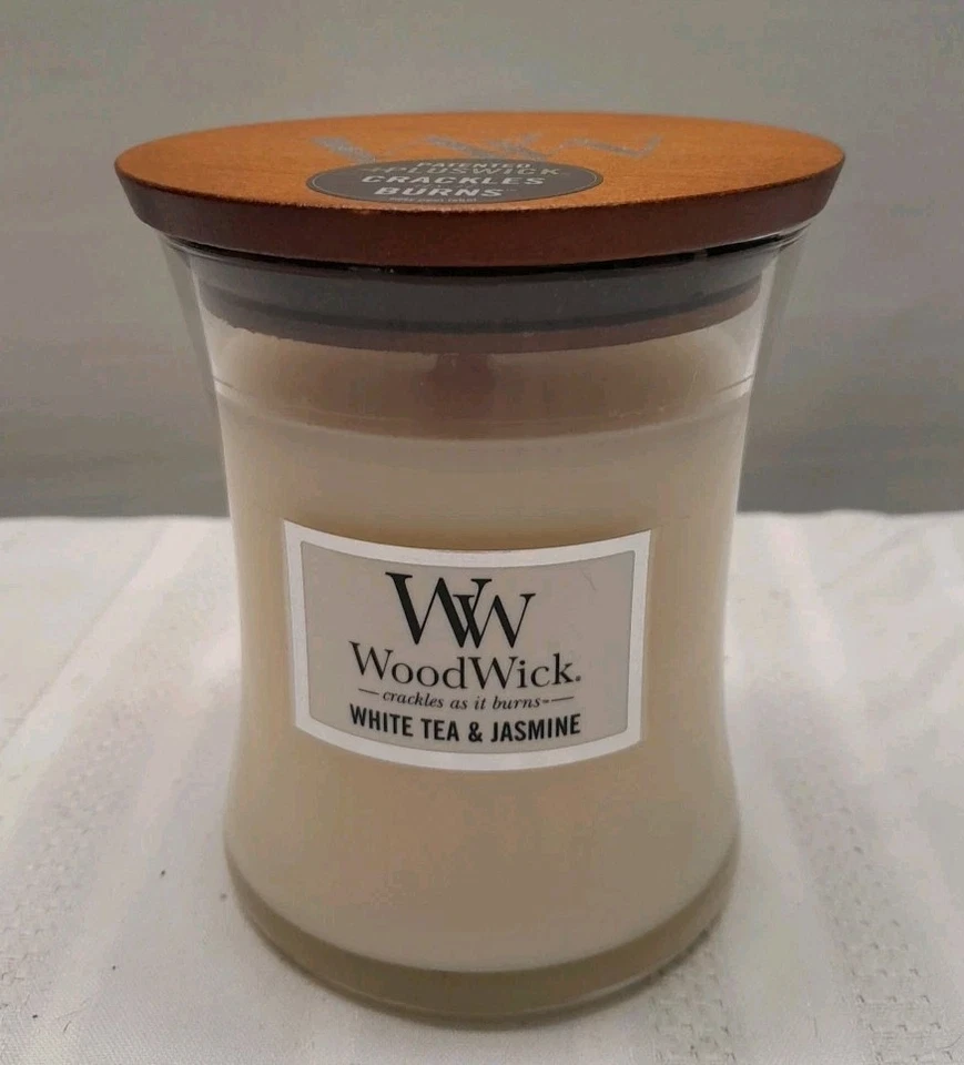 White Tea Jasmine - WoodWick 10oz Medium Jar Candle Burns 100 Hours