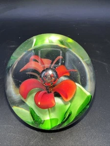 Vtg Blown Art Glass Paperweight Red Flower Green Leaf  3 in - Picture 1 of 6