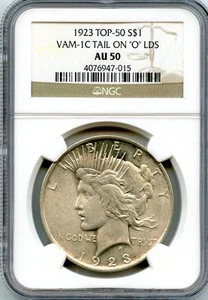 C8861- 1923 VAM-1C TAIL ON "O" LDS TOP 50 PEACE DOLLAR NGC AU50 - Picture 1 of 3
