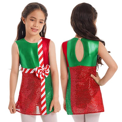 US Kids Girls Christmas Elf Costume Candy Cane Shiny Sequins Ballet Dance Dress  - Image 1 of 4
